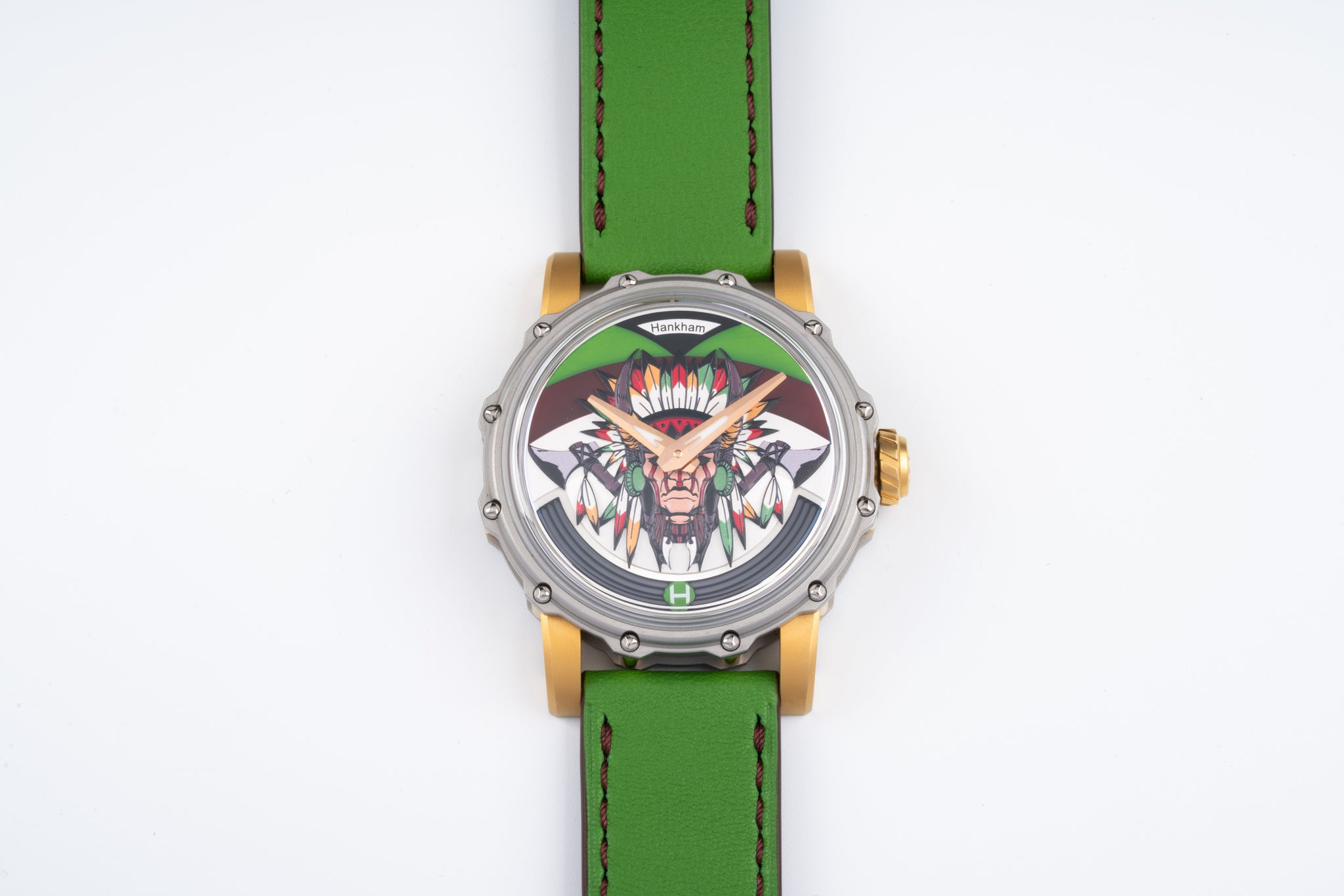 Hankham Two Tone Indians Dial on Green Leather Strap Miyota 8215