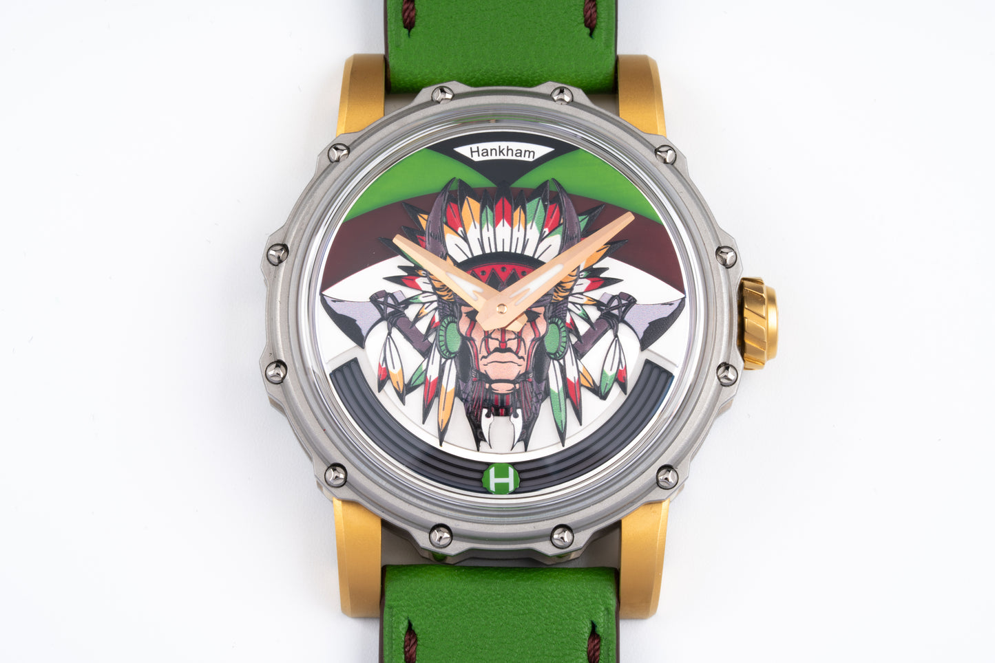 Hankham Two Tone Indians Dial on Green Leather Strap Miyota 8215