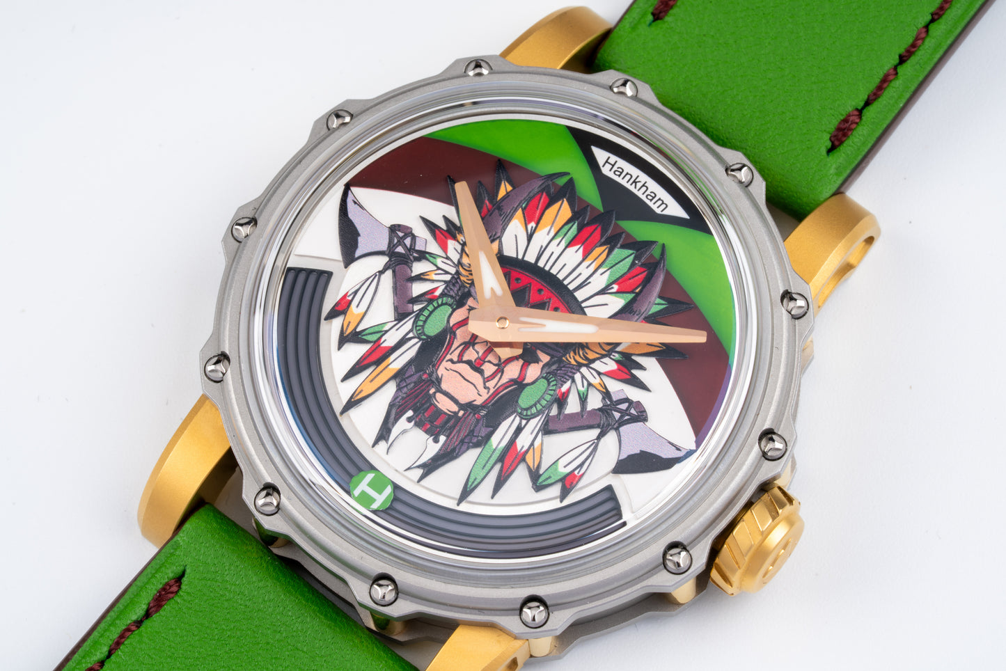 Hankham Two Tone Indians Dial on Green Leather Strap Miyota 8215